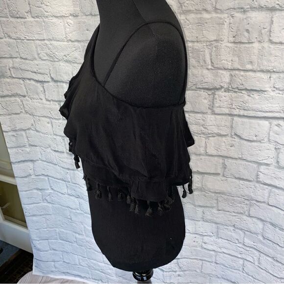 Blue Rain one shoulder top w/Pom Pom fringe black size small women - Picture 4 of 11